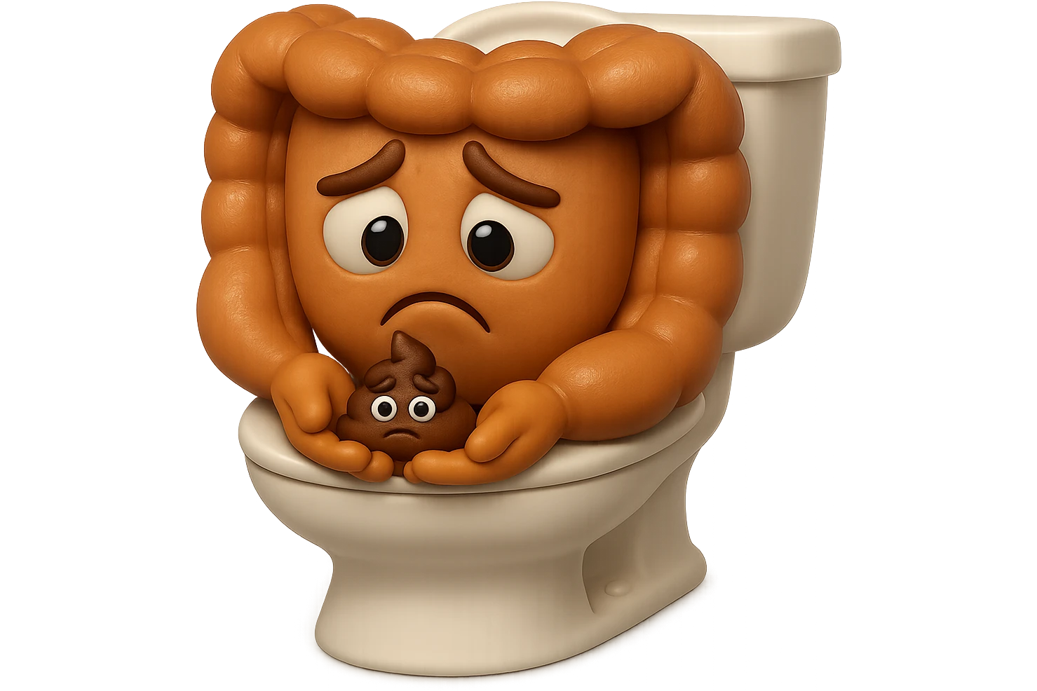 emoji stile iphone di un intestino realistico 3d che esce dal wc con in mano una montagnetta di feci con espressione triste a palline, iperrealistico 4k emoji