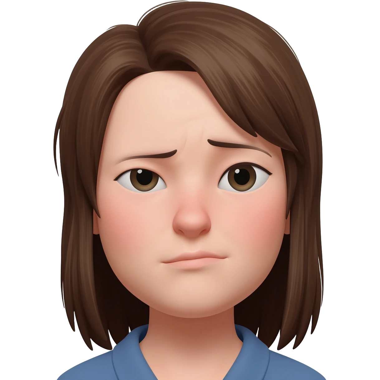 style girl face, noticeable facial asymmetry, one cheek bigger than the other, uneven jawline, slight under eye bags, messy eyebrow, neutral background, bright lighting, centered portrait emoji