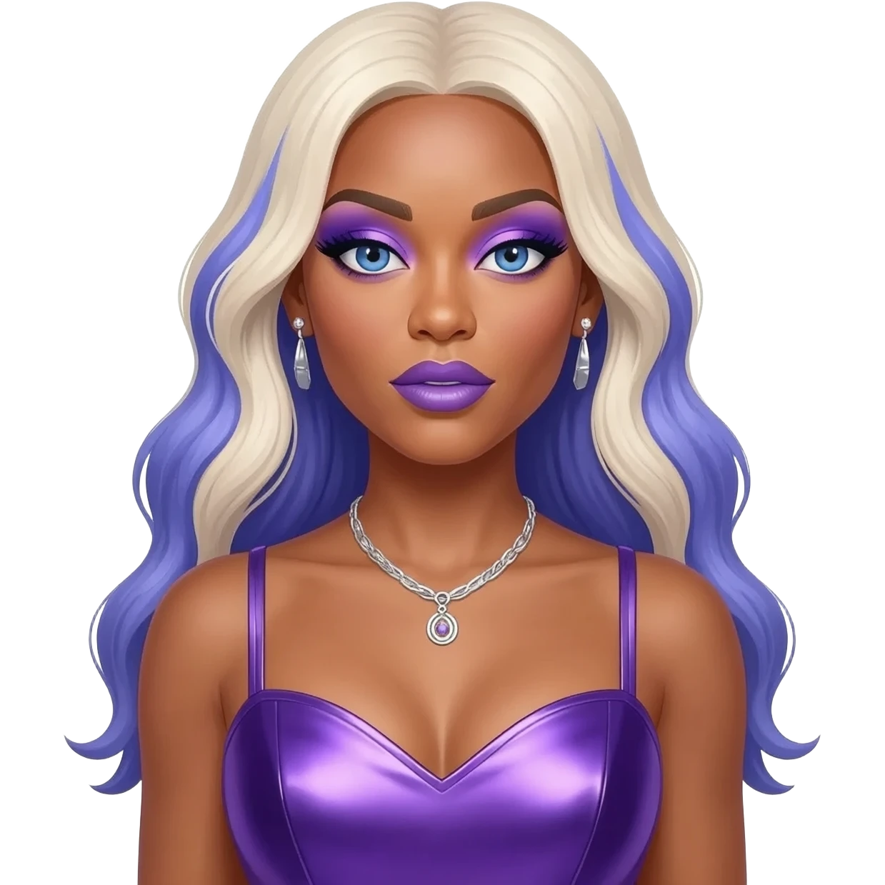 Lil Kim with blue eyes, long platinum blonde hair with periwinkle highlights, periwinkle eyeshadow and lipstick, periwinkle metallic sweetheart dress, silver necklace and earrings emoji