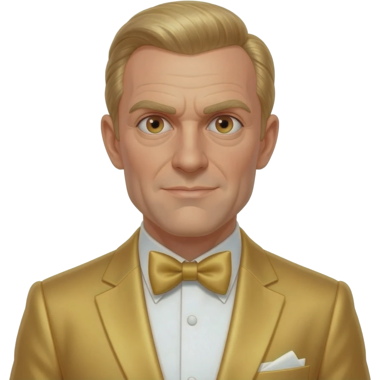 Auric Goldfinger from James Bond Series with brown eyes, blonde hair, gold suit with bow tie emoji