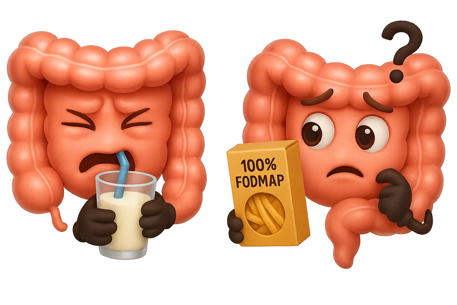 emoji stile iphone di un intestino che beve latte e ha un espressione di dolore e un intestino che guarda un pacco di pasta con la scritta "100% FODMAP" SULL'ETICHETTA CON ESPRESSIONE CONFUSA, iperrealistico 4k, isolato su sfondo bianco emoji