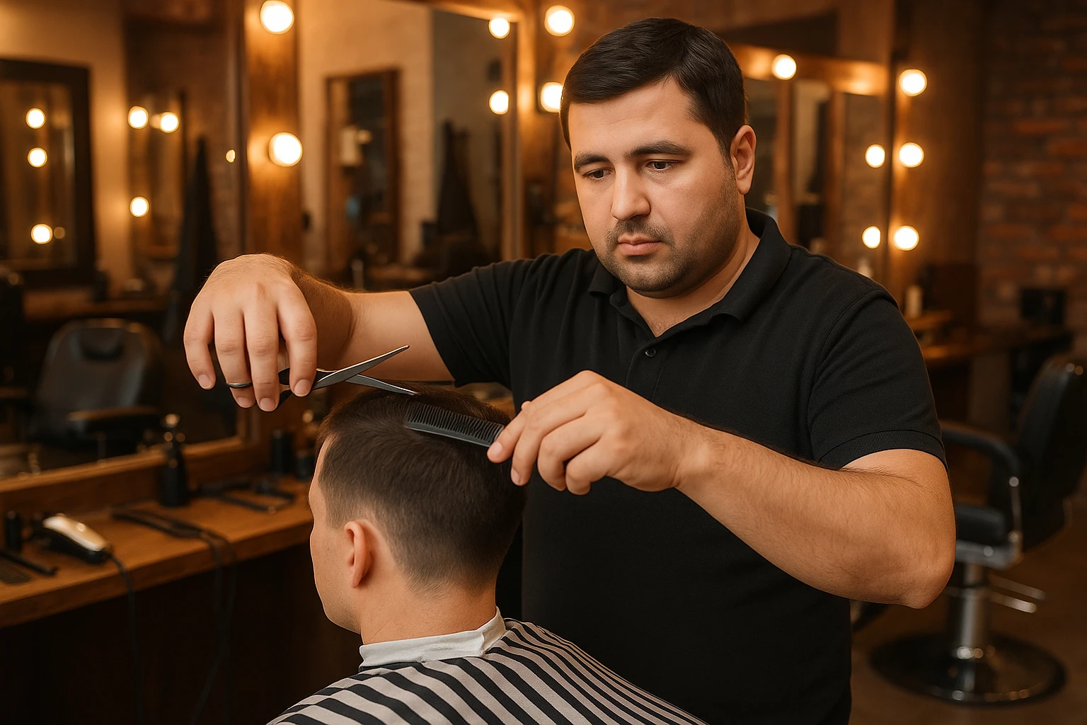 sartaroshxonada mijozlarni sochini olayotganin  tasvirlab ber juda yosh ham katta ham bo'lmasin semiz ham bo'lib ketmasin o'smirin davrini yuzi ko'rinmasin emoji
