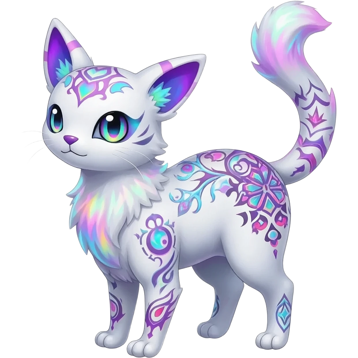 Rare neon iridescent white exotic cute epic aesthetic gothic colorful Salandit-Eevee-Civet-species-Fakemon-hybrid-creature, with intricate tattoo markings, full body emoji