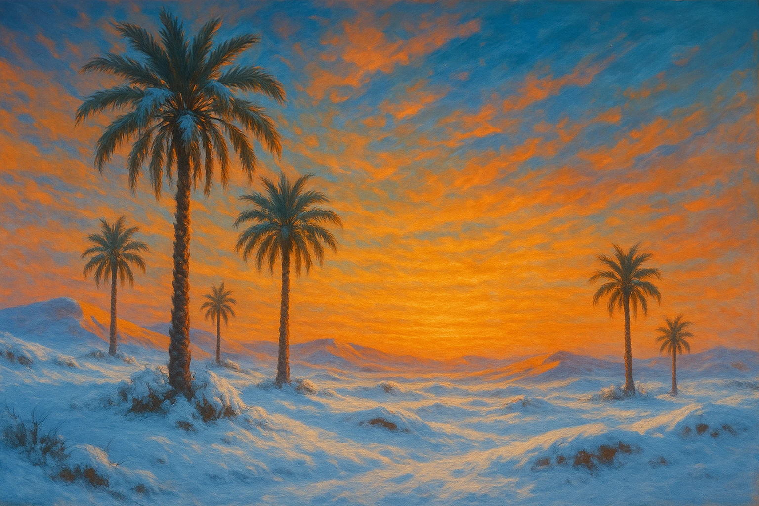 desert with palm trees and snow on the ground, cold and warm colors mixed emoji