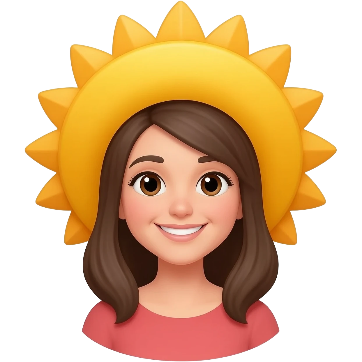 Génère un émoji avec un chapeau en forme de soleil et souriant. Une femme emoji