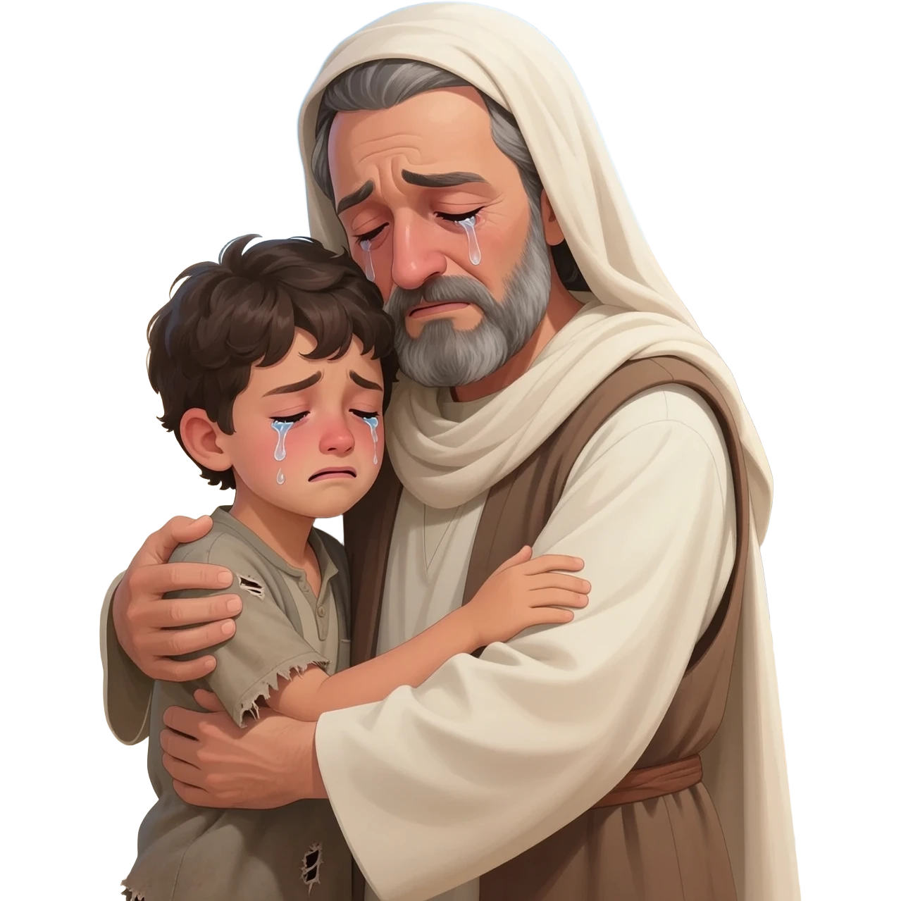 нарисуй как отец со слезами  обнимет с любовью и слезами  сына в рвной одежде  возростом 20-24  года во весь рост  ,  времена древнего иерусалима emoji
