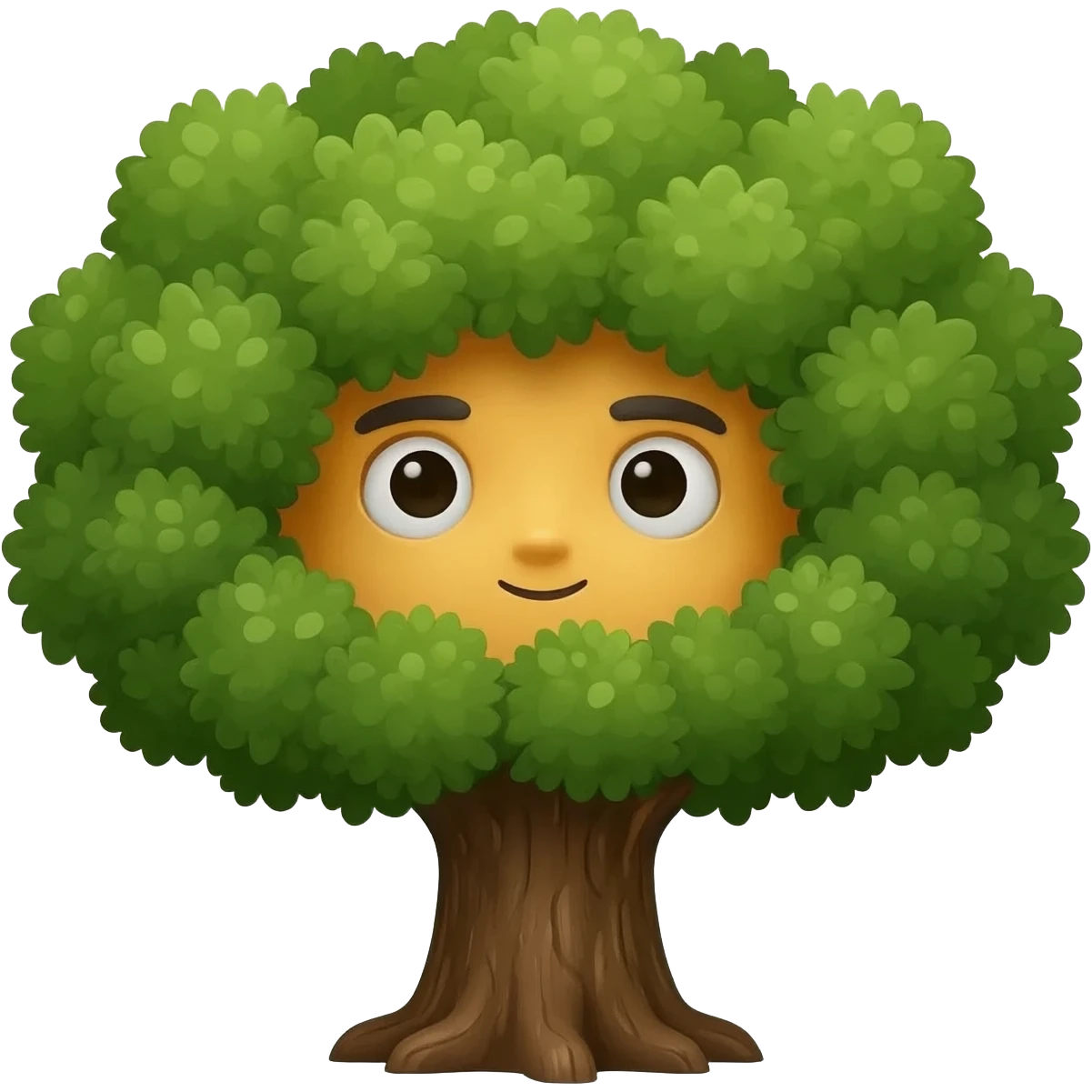 Yellow emoji face with Innocent eyes stand behind a big tree and sneakily peeking with only eyes and forehead showing emoji