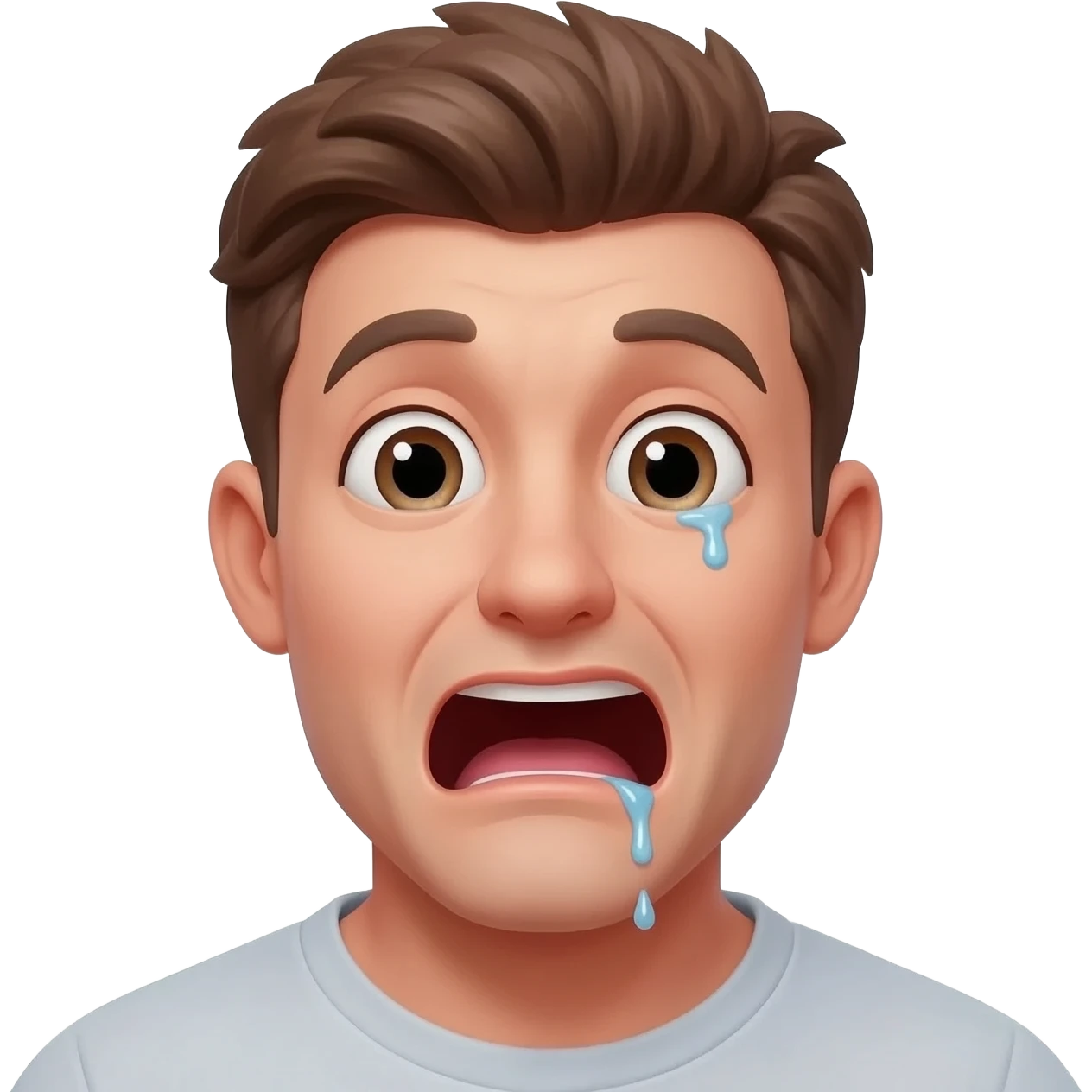 Blushing thirty year old guy with mouth wide open and drooling from one side of his mouth and and tear in one eye emoji