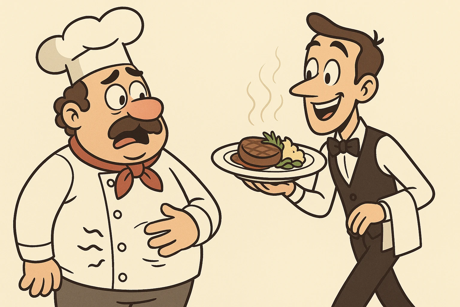 a chef with a rumbling stomach watching a waiter bring food, cartoon style, light background emoji