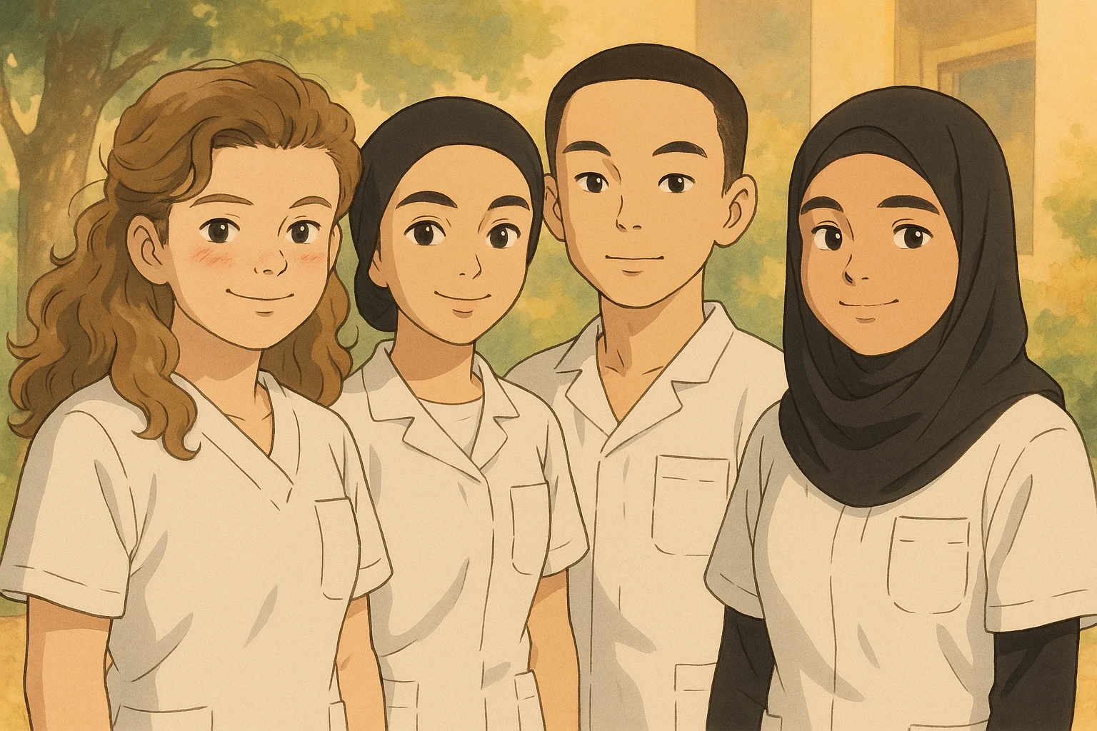 Four nursing students standing side by side in a warm atmosphere, Ghibli style. They wear white short-sleeved uniforms with medical tunic tops featuring V-neck collars and left chest pockets. No undershirts or stethoscopes. Faces and attitudes inspired by the four provided photos, version 2. emoji