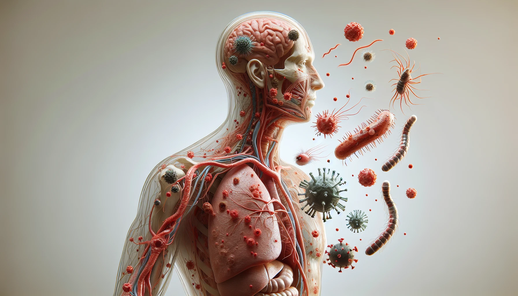 corpo umano anatomico di profilo con virus e parassiti che cercano di attaccarlo , sfondo neutro chiaro, iperrealistico 4k emoji