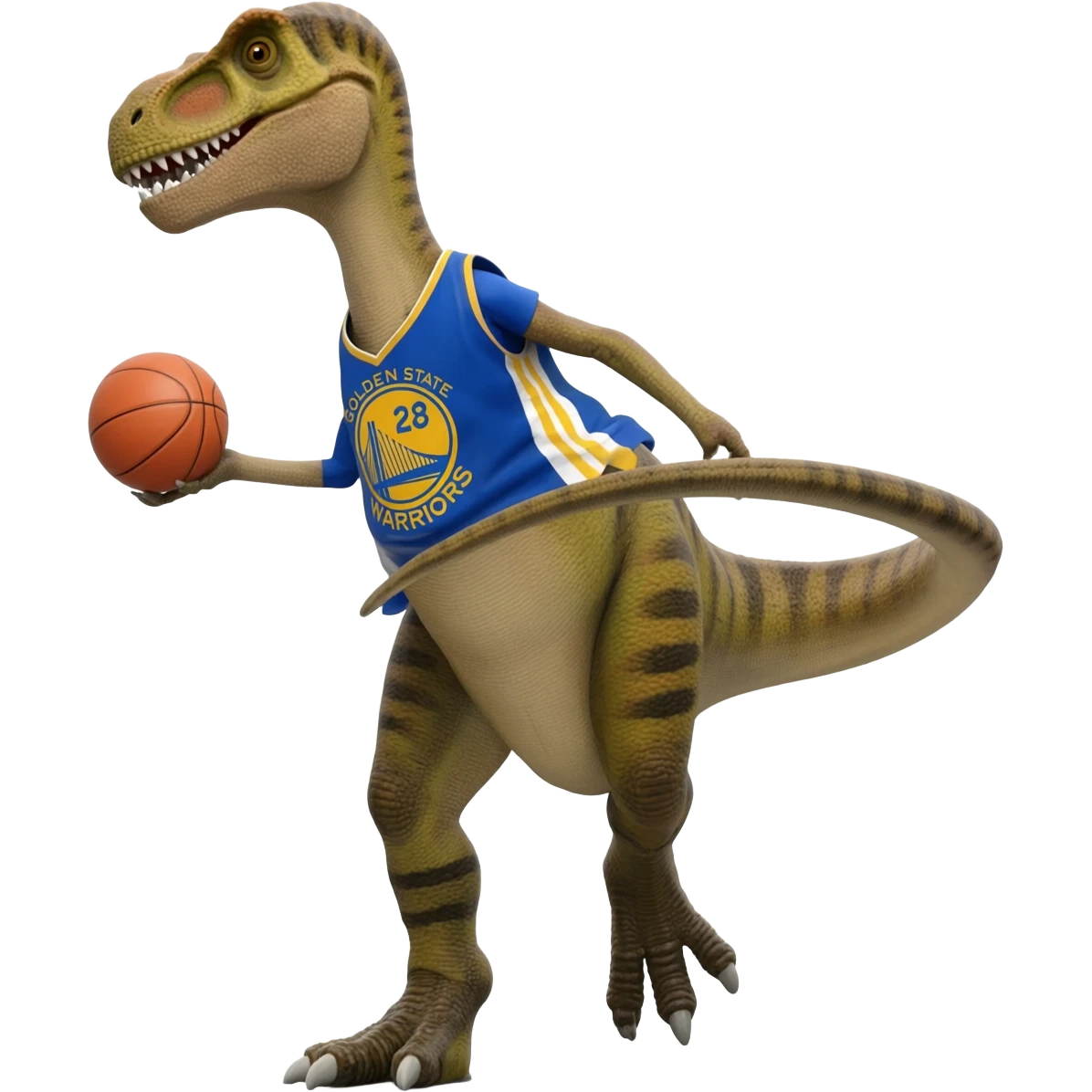 A spinosaurus playing basketball  with a golden state warriors jersey emoji
