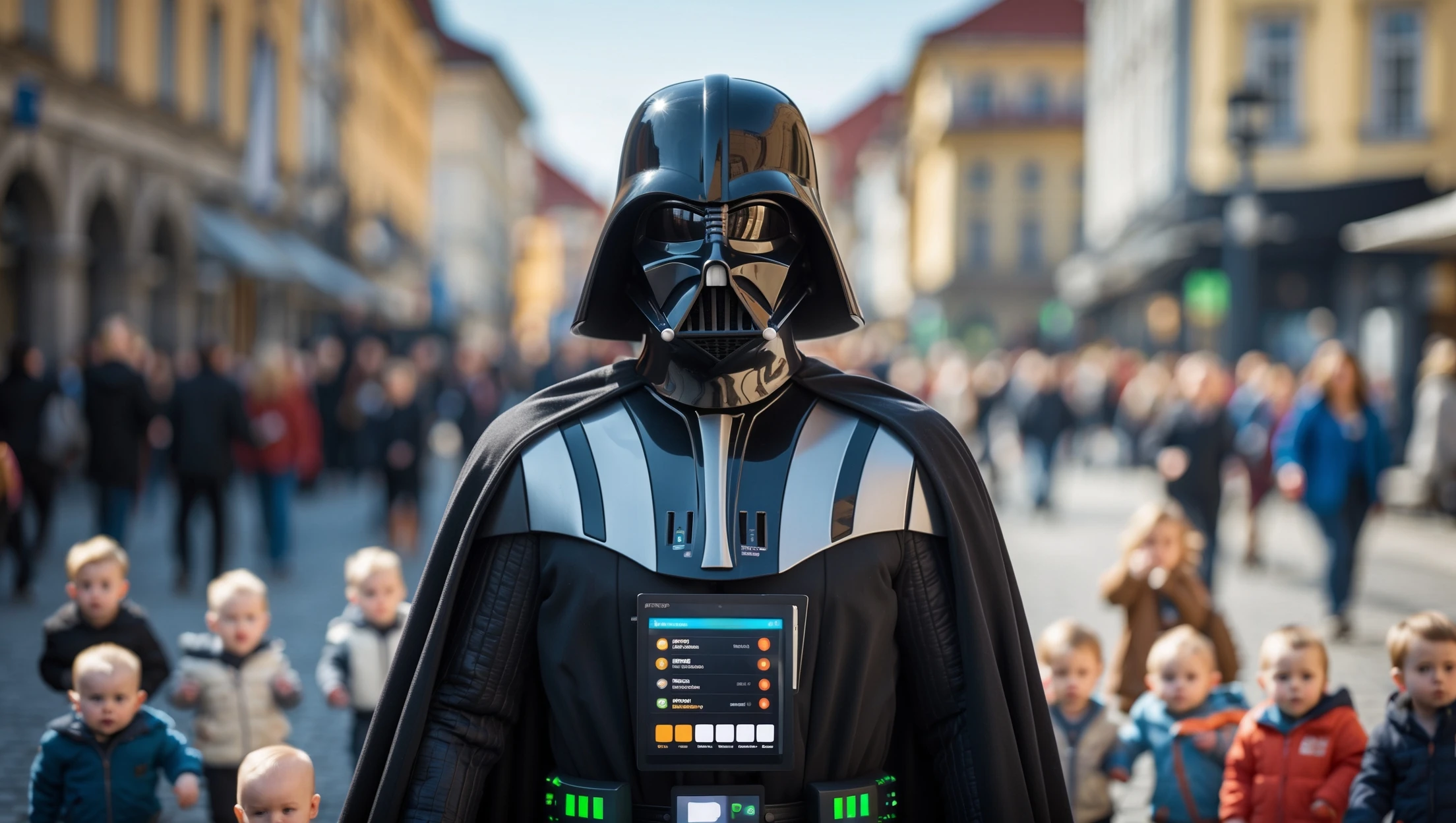 Cinematic still of a darth vader walk through poznan city down town, sunny day, crowd of baby yoadas around him, he is live streaming on twitch, we can see twitch chat ui, selfie camera holding in hand front camera emoji
