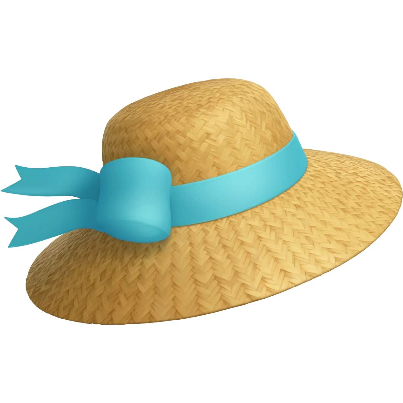 a straw hat with a light blue ribbon and bow emoji
