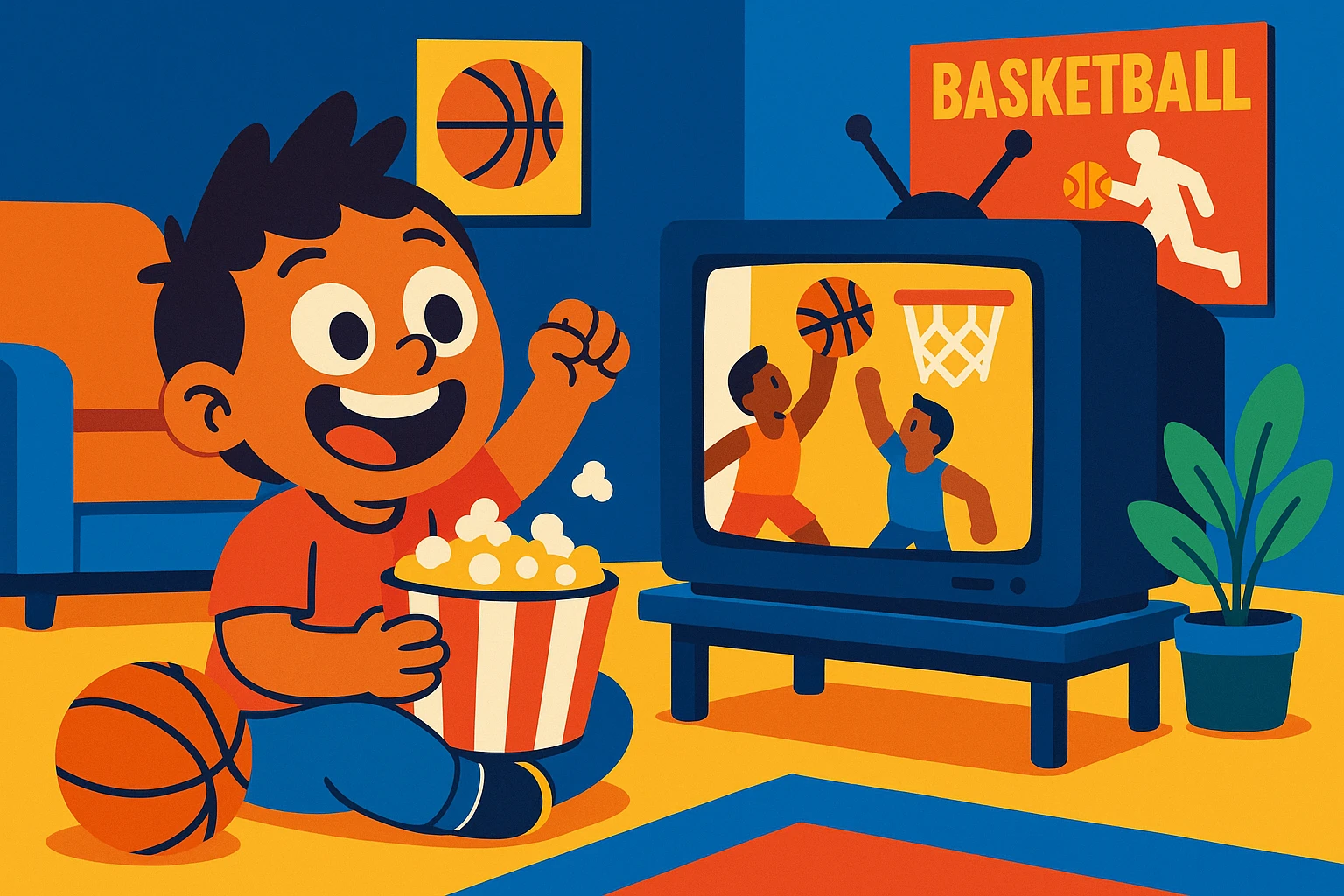child excitedly watching a basketball game on TV in a living room with a playful atmosphere emoji
