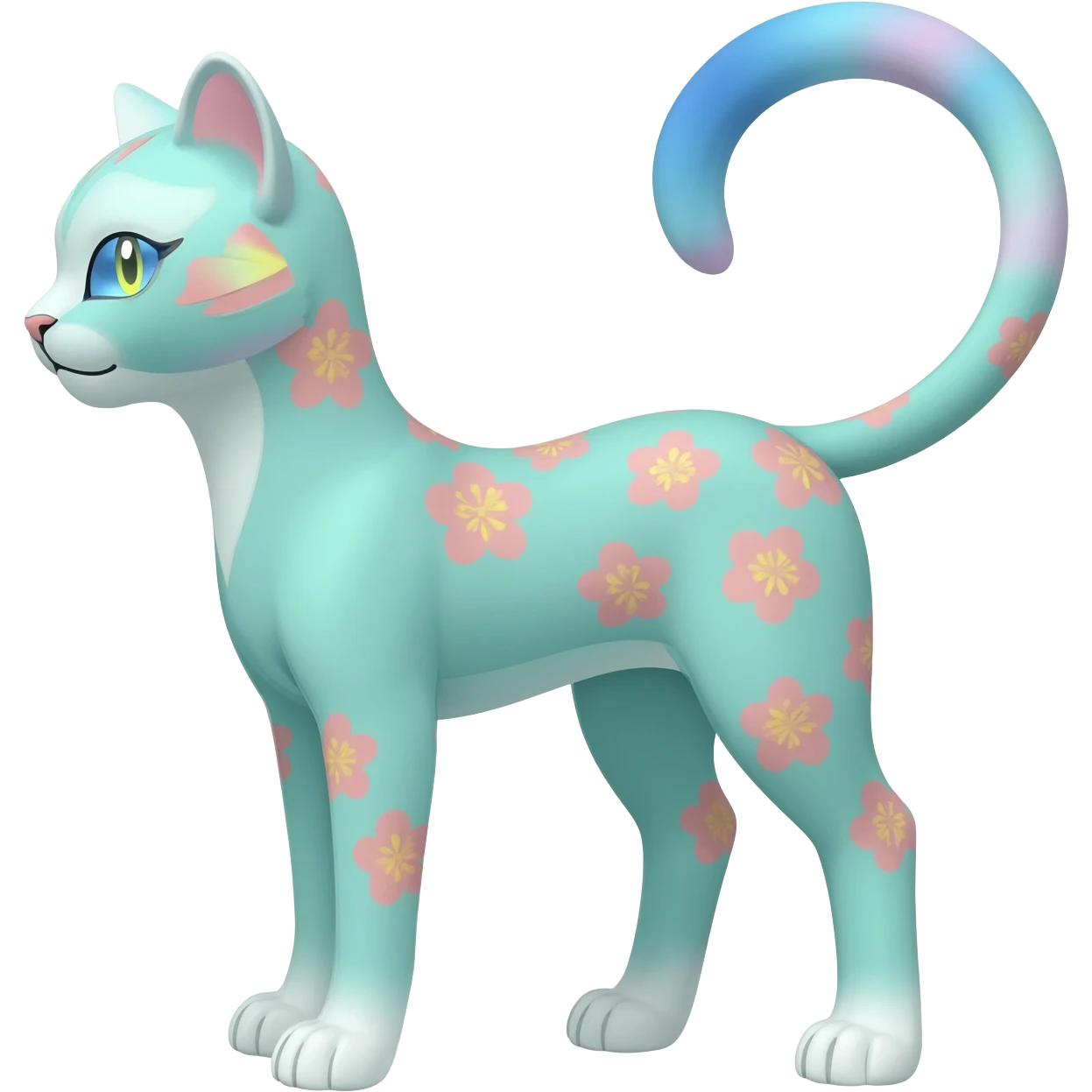 Pastel Mint-Aqua Soft-Iridescent Gentle Floral-Patterned Feline Sylveon-Liepard-hybrid-creature (full body) emoji