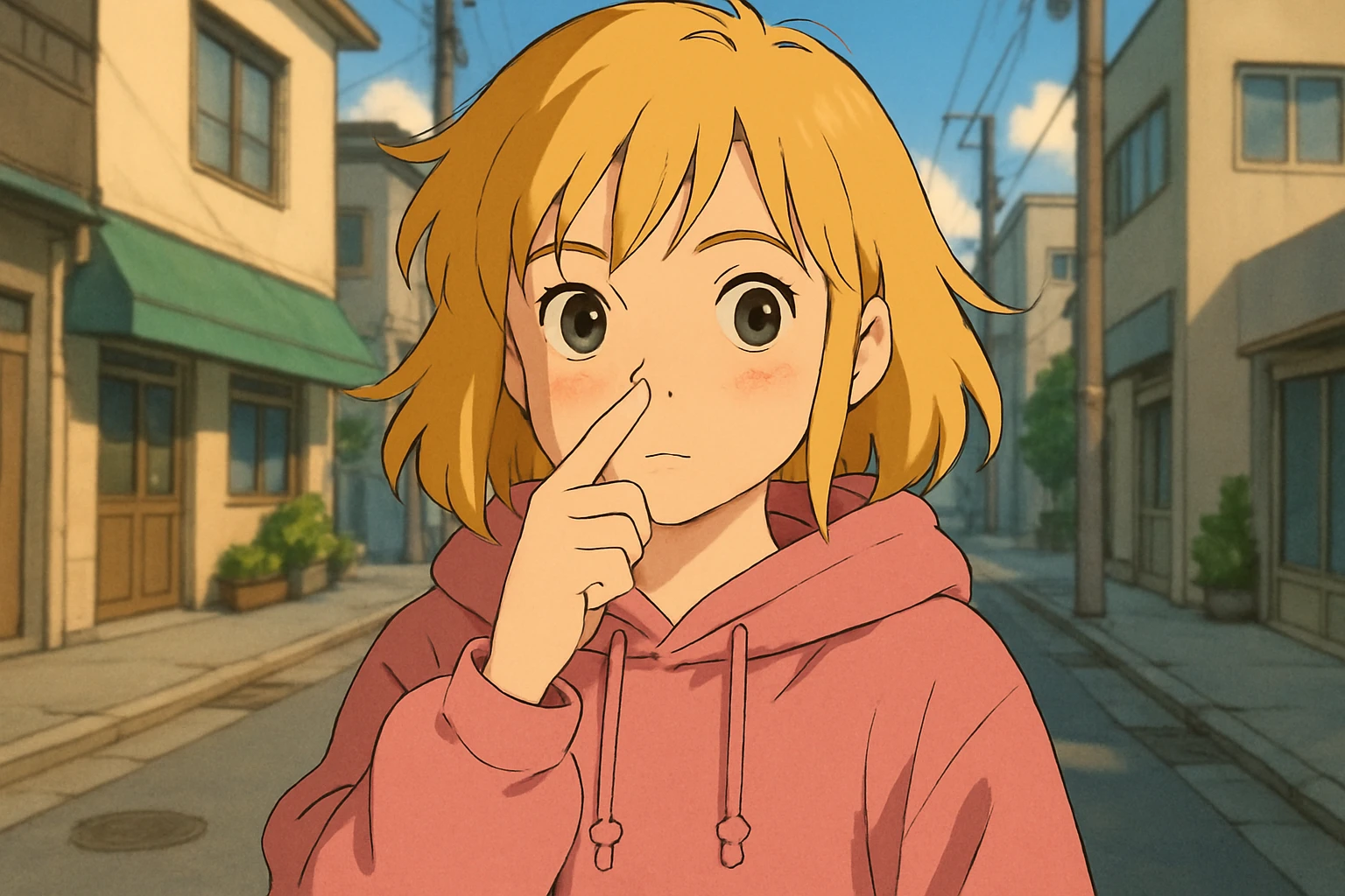 A girl yellow hair brown eyes pink Urban Heavy Loose Fit Hood Sweat touch your nose  emoji