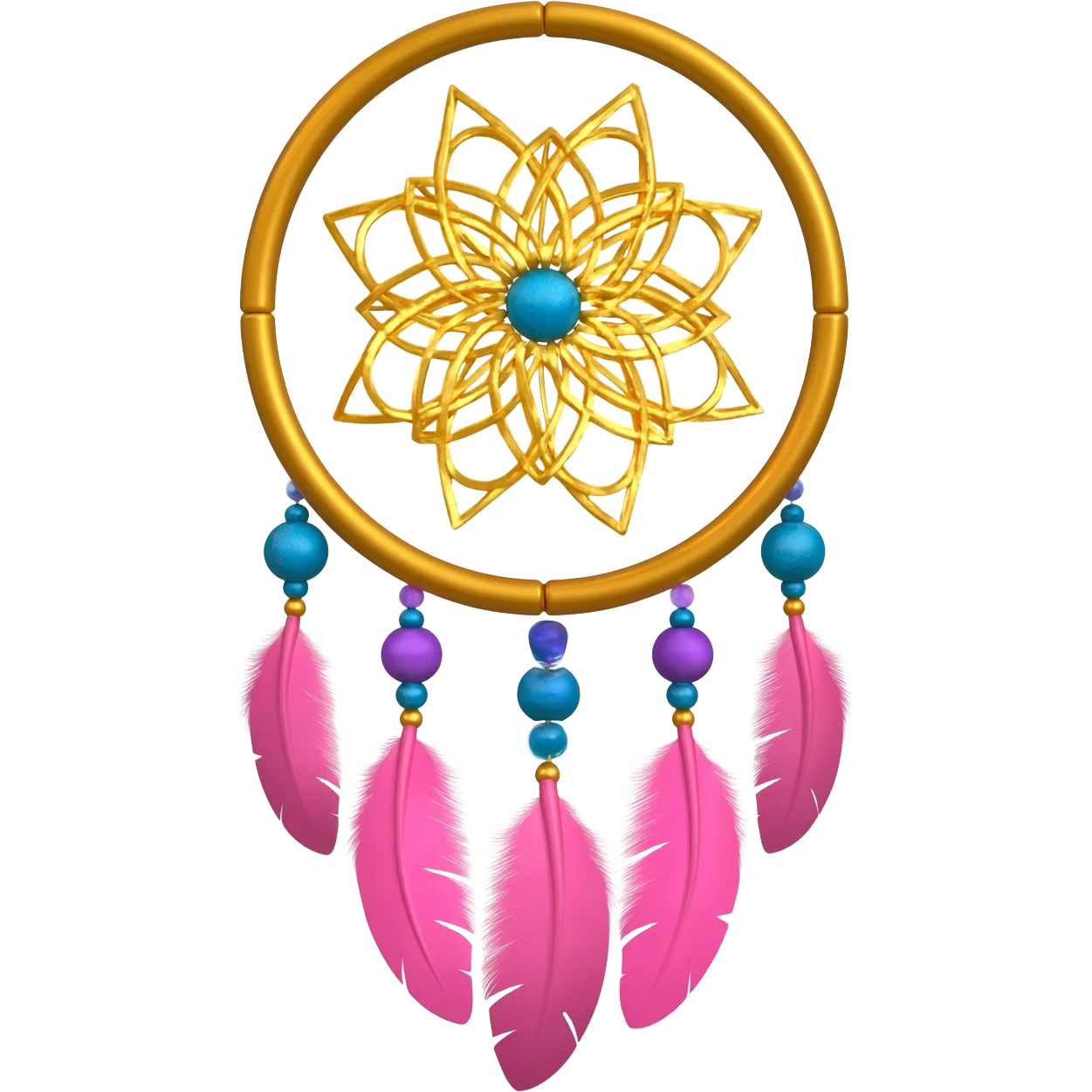 A gold-framed Dreamcatcher. with yellow metal flowers, blue beads, indigo beads, purple beads. And with pink feathers hanging down emoji