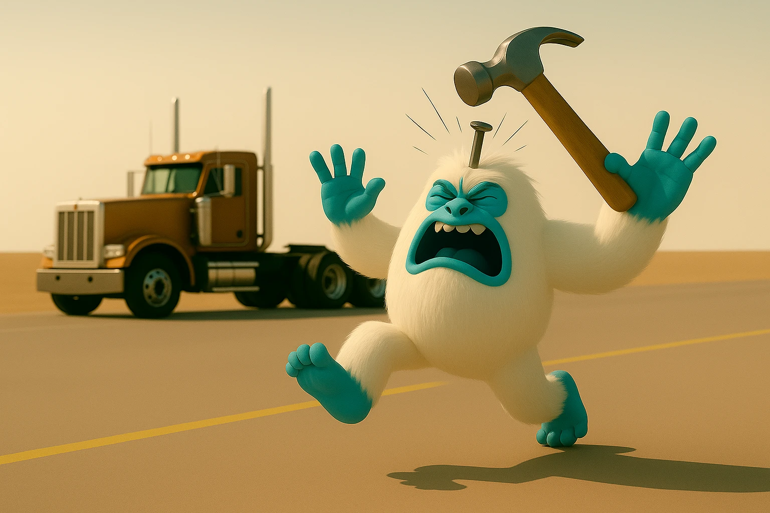 Make the semi truck a flattop with tall chrome stacks, keep the side view, truck far behind the abominable snowman, hammer actively hitting the snowman, light and realistic style, no text. emoji