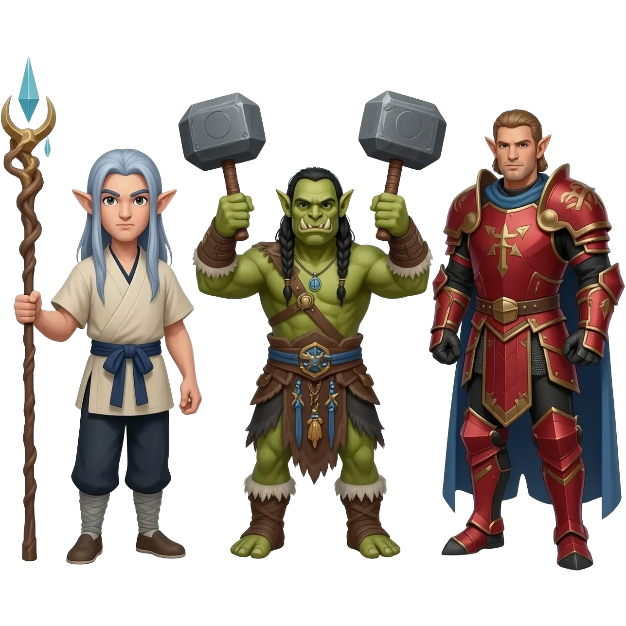 A male elf kungfu master with a staff and long silver blue hair, a male orc shaman with hammers in each hand, and a male elf paladin in red armor, as a group emoji