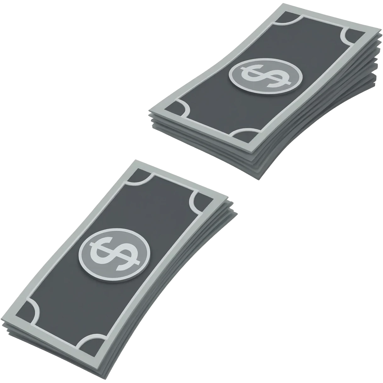 Minimalist 3D emoji: a stack of matte grey US dollar bills with subtle chrome 'M' logos, actively falling downward. Dark aesthetic, sense of loss and offering. Isolated on white. emoji