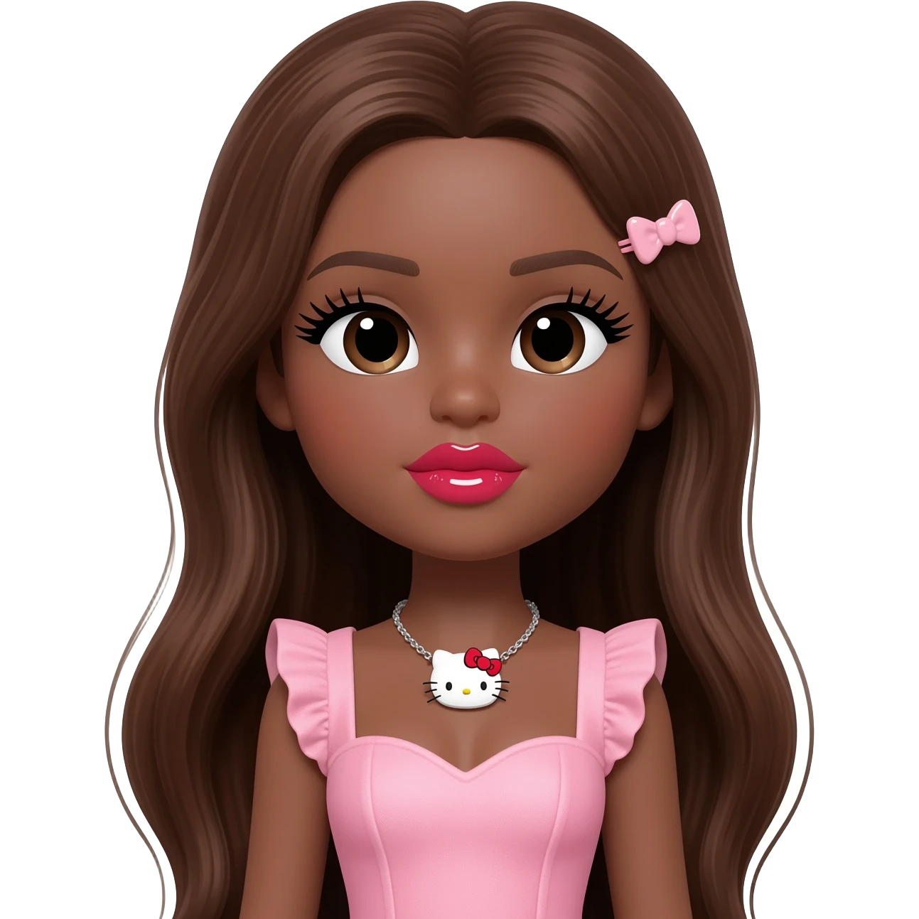 heart shaped lips, cute glossy lips, doll eyes with long lashes, dark brown skin, long brown hair, big chest, hello kitty necklace, one bow clip, pink mini dress emoji