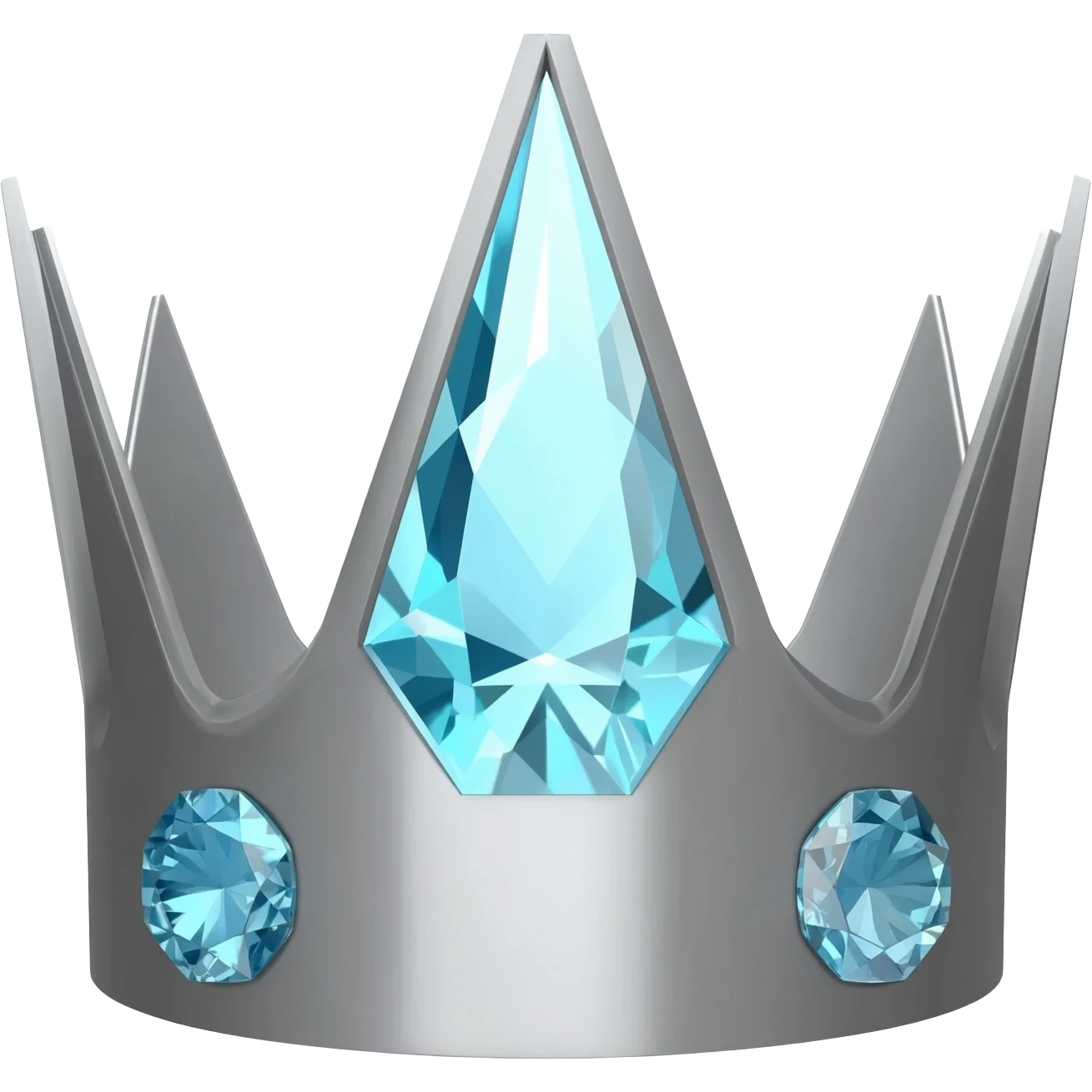 Minimalist 3D emoji based on: grey-graphite geometric crown made of cold, grey brushed steel. Integrated at the top is a severe; one large, sparkling light blue diamond is set precisely on each of its points. Soft, even lighting, isolated for sticker quality emoji