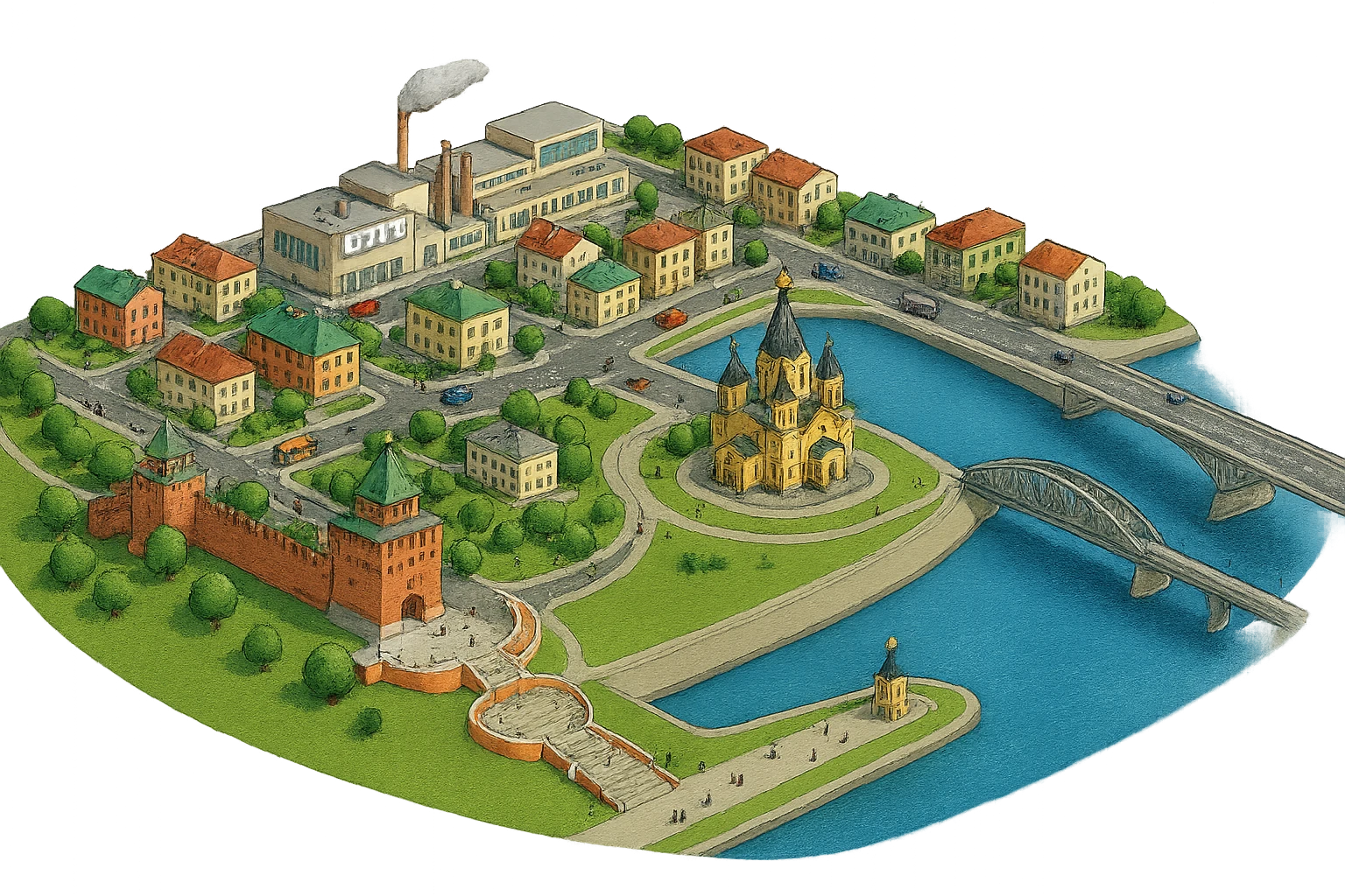 Изометричная миниатюрная фотореалистичная 3D модель панорамы Нижнего Новгорода - Нижегородский Кремль, Стрелка между Окой и Волгой, ГАЗ, Чкаловская лестница, Борский Мост через Волгу, нижегородские дома, автотранспорт четкие линии, яркие цвета, мультяшный реализм, люди, автотранспорт, компактная композиция, вид сверху в изометрии, прозрачный фон emoji
