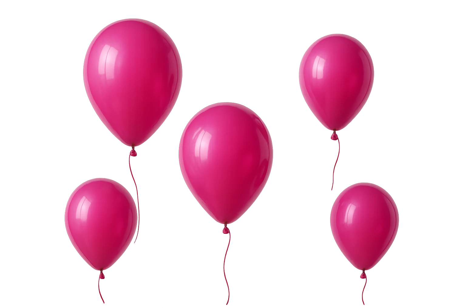 5 palloncini magenta fluttuano in aria isolati su sfondo bianco, iperrealistico 4k emoji