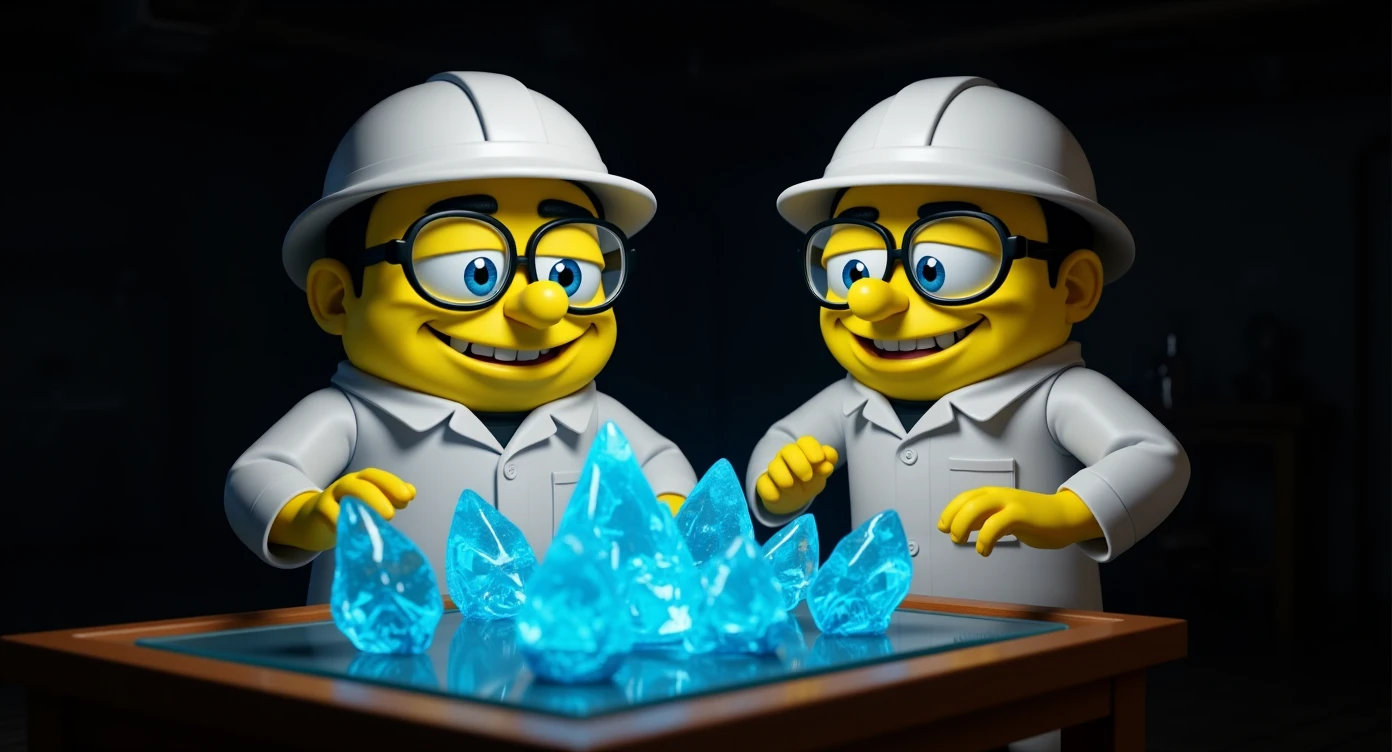 3D cienmatic cartoon shot, spongebob and patric dress in safety glasses and safe white outfit, the are standing front of table with blue crystals on table glowing (light source) science room in basement, back light, Cinema 4d render, proffesional lightning emoji