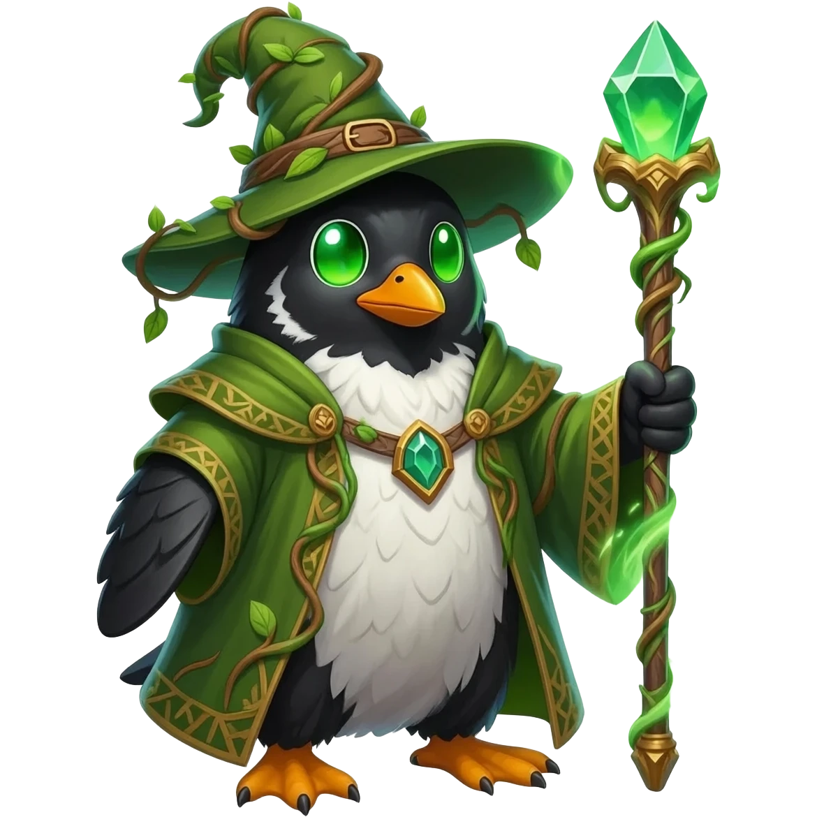 Vibrant earth wizard penguin with black-and-white feathers and glowing emerald-green eyes. Wearing mossy green-and-brown robes with vine runes and tall wizard hat with sprouting leaves. Holding ornate staff with glowing crystal orb. Swirling green energy and vines emanate from its body. emoji