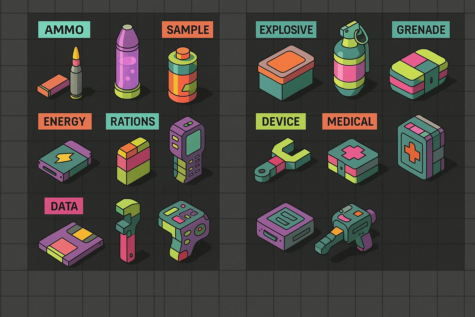 a virtual display, a gray grid with darker gray cells, each cell containing an item viewed in isometric minimalism render The cells have pastel neon colored labels in their upper corner, indicating various traits of the items. retrofuturism, circa 2880's.
The items are scientific and military in nature - varieties of munitions, scientific samples, rations, data storage, utilities. There are two arrays of grids, one left, one right. Each array has a few empty spaces at the bottom. "graphic realism." brutalism. the items are adorned in a combination of  bright colors, neon-safety, early 90's pallet, with muted gray tones in EVEN BALANCE. emoji