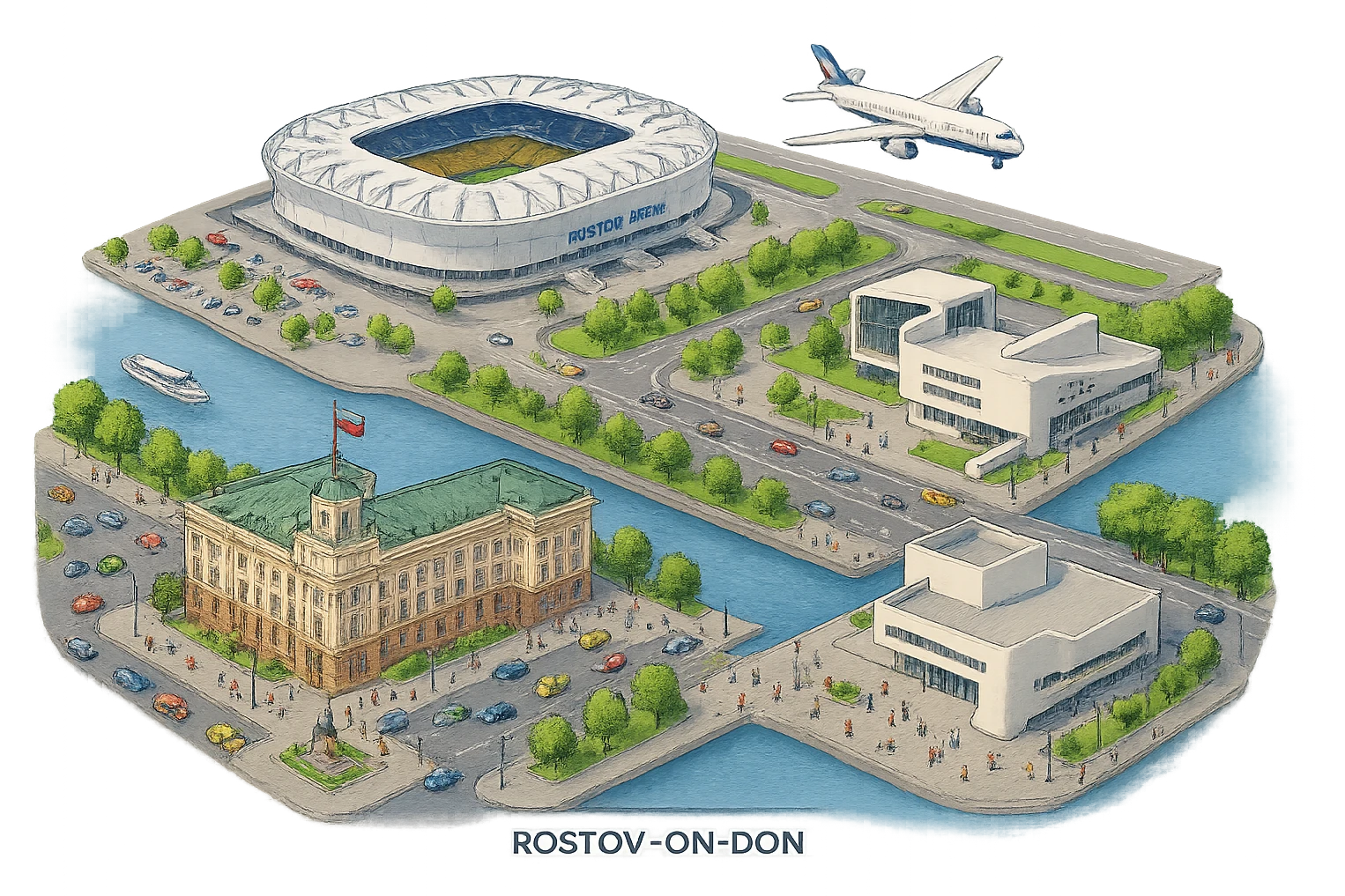 Изометричная чёткая миниатюрная фотореалистичная 3D модель панорамы Ростова-на-Дону — Здание городской думы (Городской дом), Ростов-Арена, аэропорт Платов, Ростовский театр драмы имени Горького, набережная Дона, люди, автотранспорт. Вид сверху в изометрии, яркие цвета, мультяшная рисованная реалистичность, прозрачный фон, компактная композиция. emoji