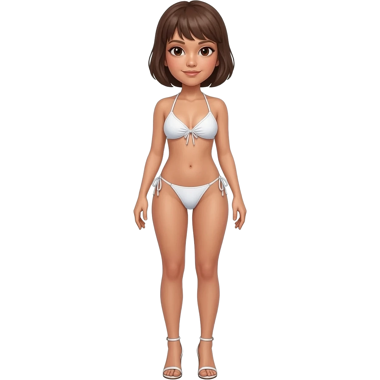 Filipino girl white push up bikini string full body slim stand straight with high heels sandals brown short hair emoji