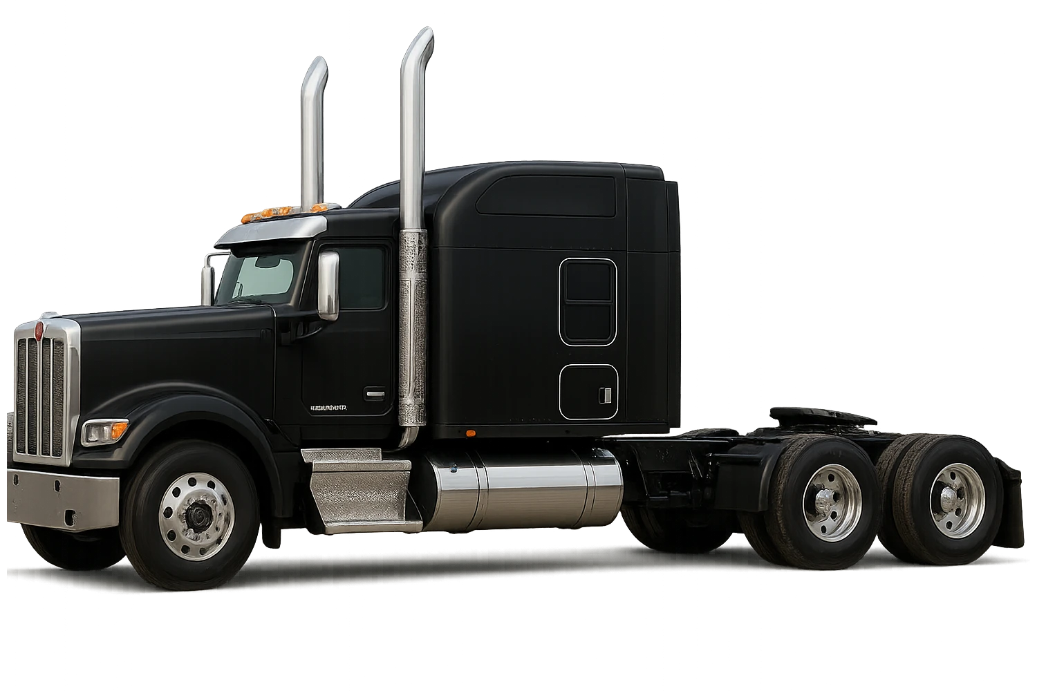 Kenworth W680 flattop black semi truck sleeper with tall chrome stacks, detailed, side view emoji
