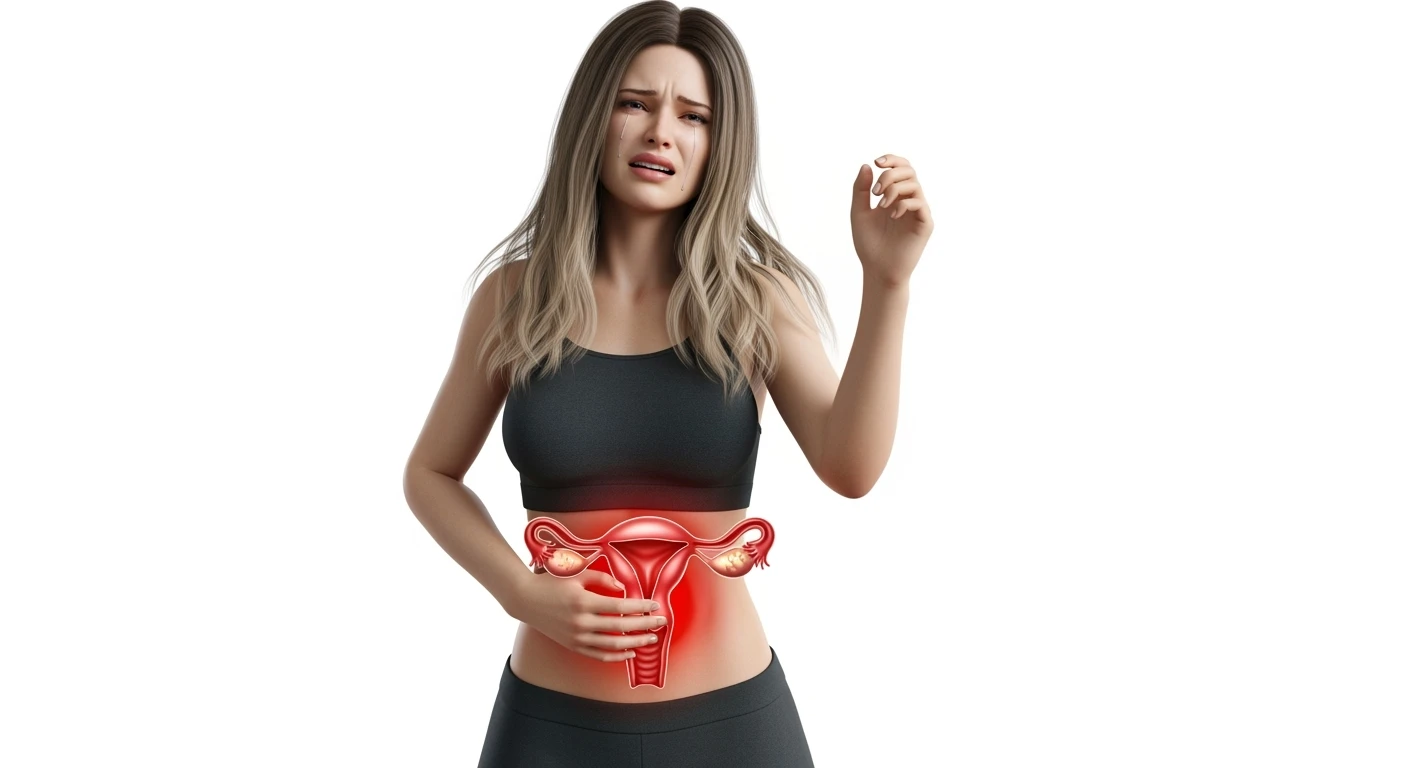 donna a figura intera con utero umano realistico in 3d in evidenza dolorante, espressione di dolore in volto, sfondo bianco, non farla computerizzata, ma iperrealistica 4k, sfondo bianco emoji