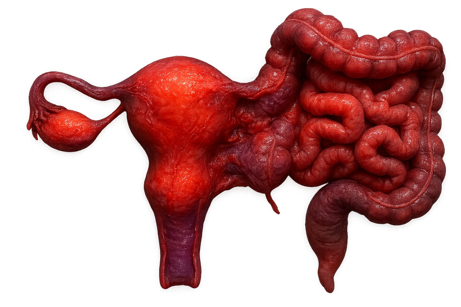 utero umano anatomico iperrealistico e intestino umano anatomico iperrealistico hanno in comune il dolore e l'infiammazione, rendi bene il collegamento tra i due organi doloranti, falla iperrealistica, non disegnata, fai colori che si adattano a questo viola #971ef1 emoji