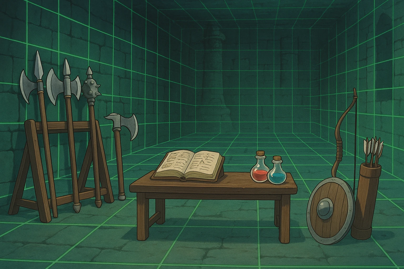 A virtual simulated training environment for combat drills, configured with swords, daggers, axes, maces, halberds, bow and arrows, and shields, as well as spell books and potions  emoji