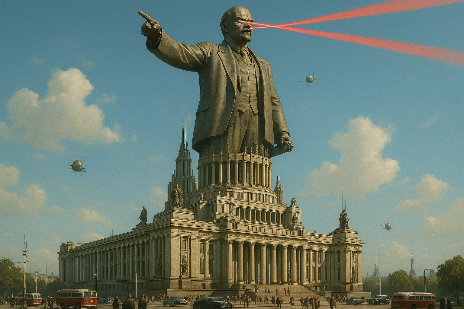 Дворец Советов реалистичный, как на фото. В стиле Atomic Heart, ретрокиберпанк. Упор на 100-метровую фигуру Ленина, у которой из глаз прожекторы лазерные. Светло, день emoji