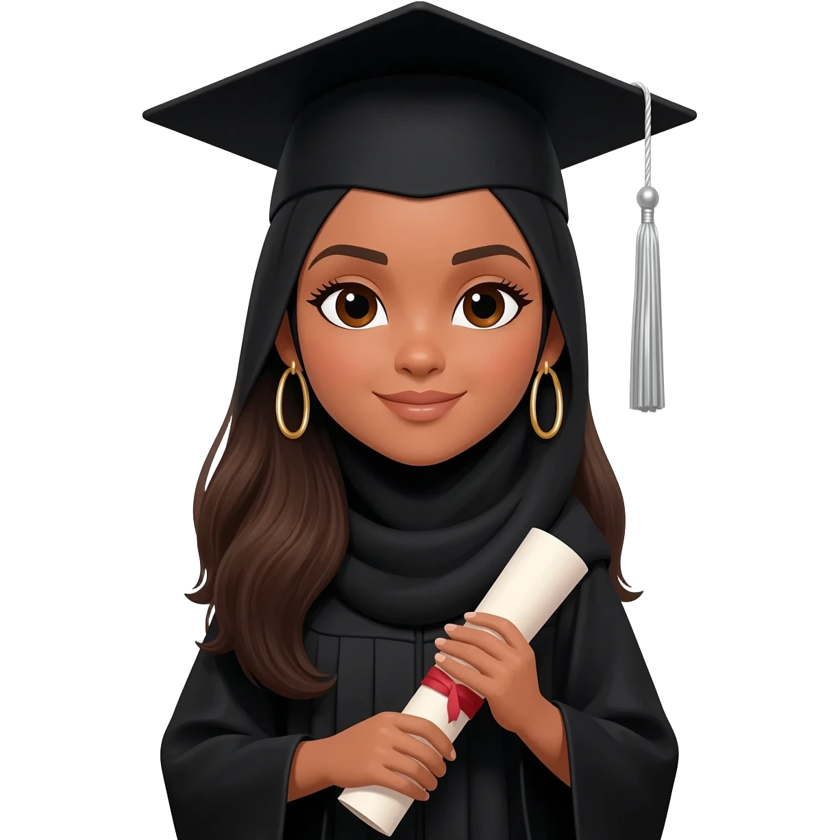 school graduation with a pretty female with hijab,  graduating student with long brown hair, brown eyes, big earrings and brown tan emoji