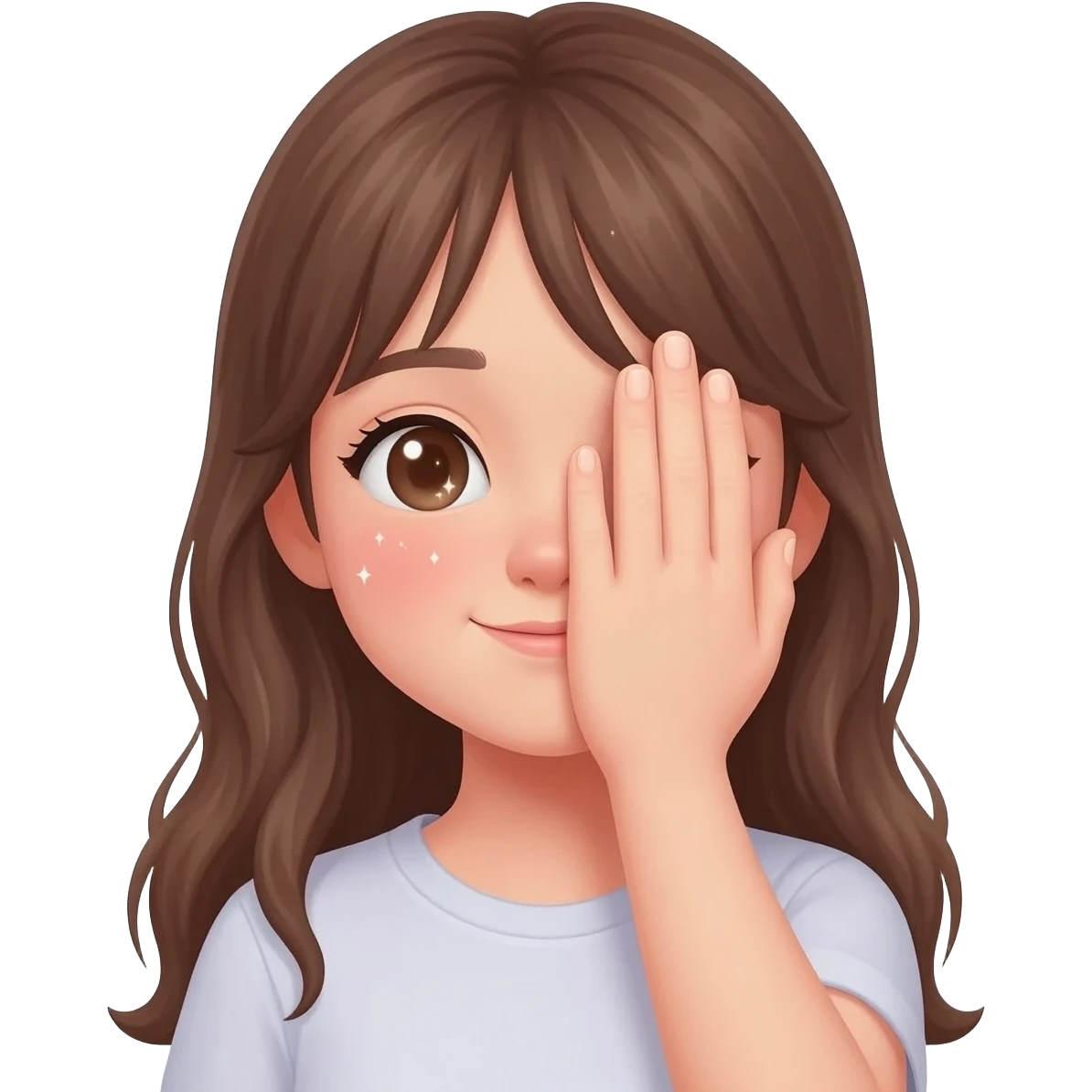 A girl covers half of her face with her hand, her cheeks blushing shyly, and tiny sparkles shining in her eyes. emoji