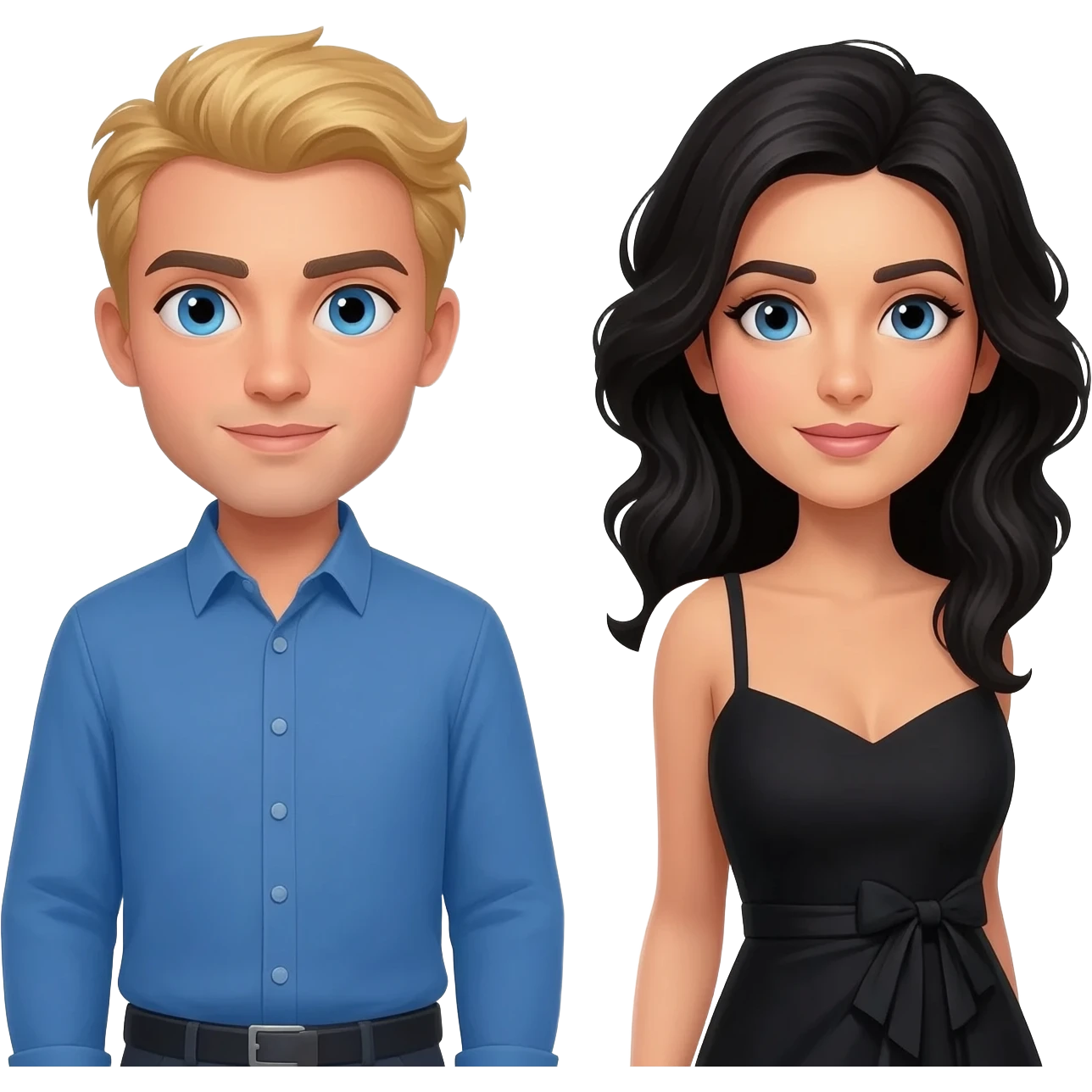 Draw a sweet, blonde, blue-eyed man wearing only a blue shirt and no accessories, and a Kurdish woman with black hair wearing a black dress and no accessories. emoji