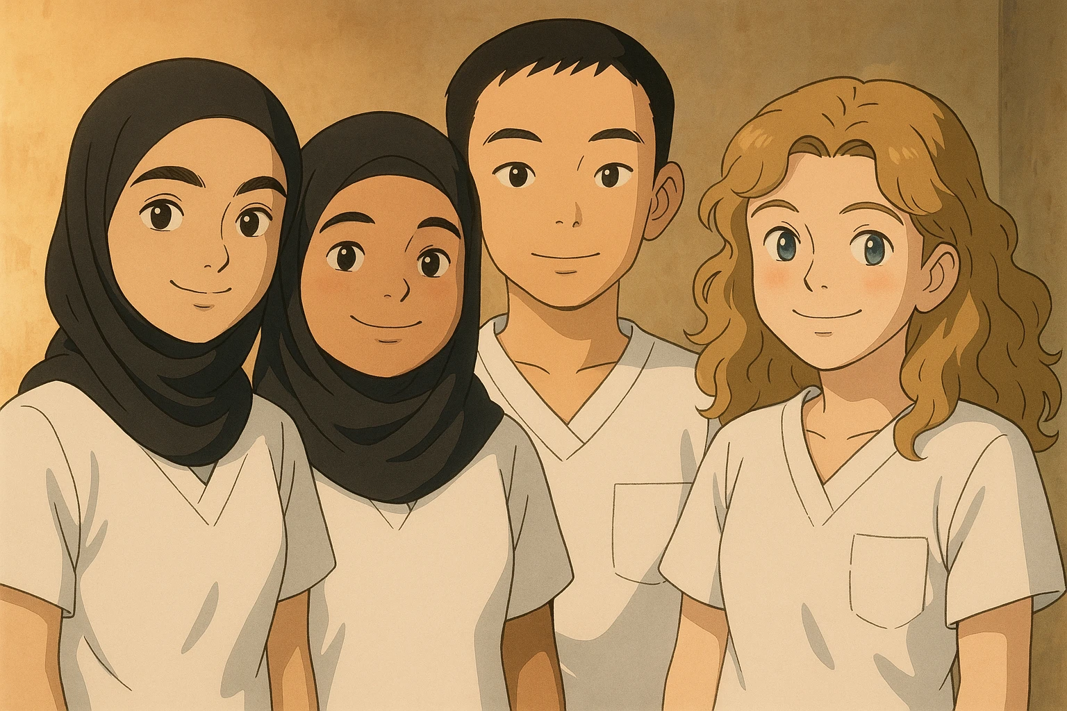 Illustrate four nursing students standing side by side in a warm atmosphere, wearing short-sleeved white uniforms without undershirts or stethoscopes, inspired by the four provided faces, in Ghibli style. emoji
