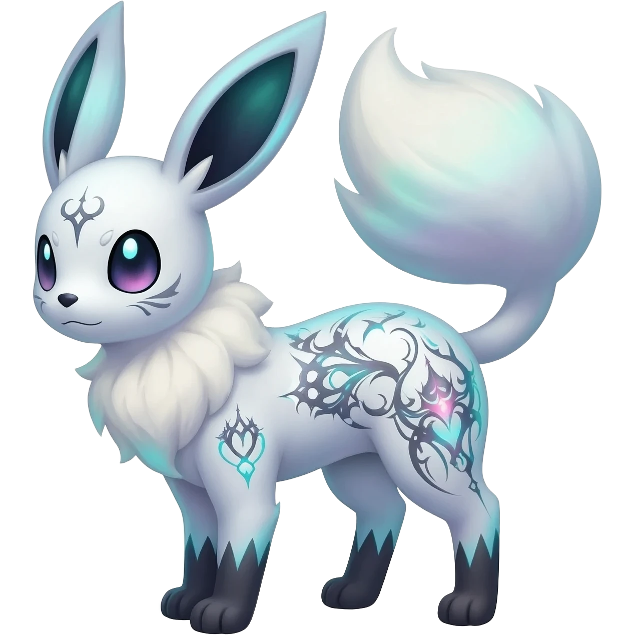 Rare neon iridescent white exotic cute epic aesthetic gothic colorful Salandit-Eevee-Civet-species-Fakemon-hybrid-creature, with intricate tattoo markings, full body emoji