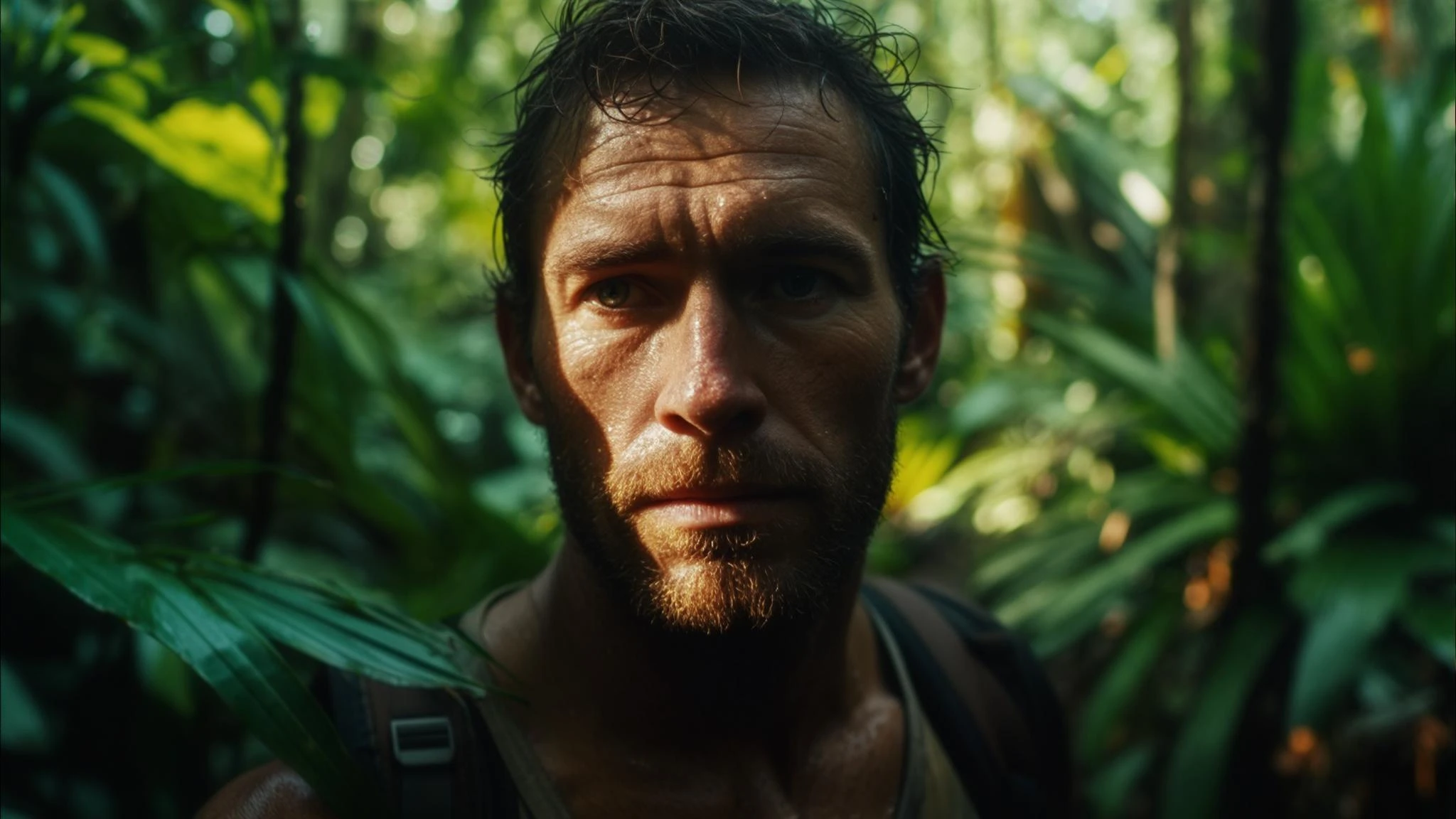 cinematic still, documentary photography, amazon jungle, well lit scene, man is exploring the jungle, close up, front shot, rule of thirds emoji