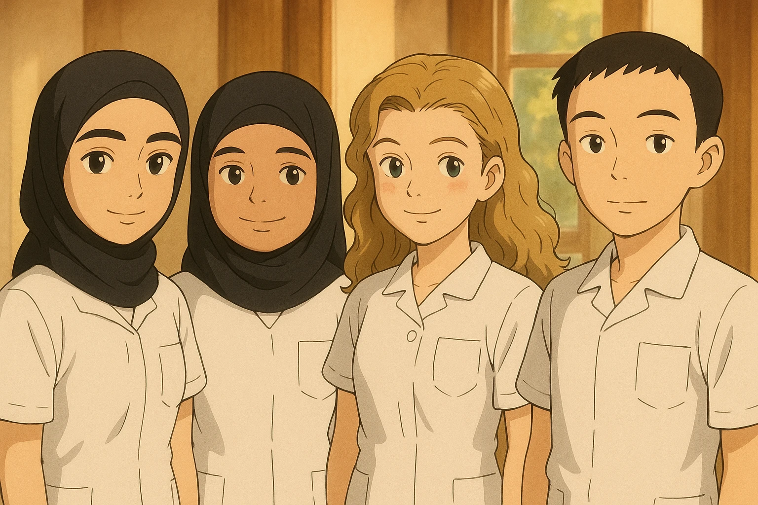 Four nursing students side by side in a warm indoor ambiance with natural light, wearing white short-sleeved uniforms with V-neck collar, no collar at the neck, no undershirts, left chest pocket, in Ghibli style. emoji