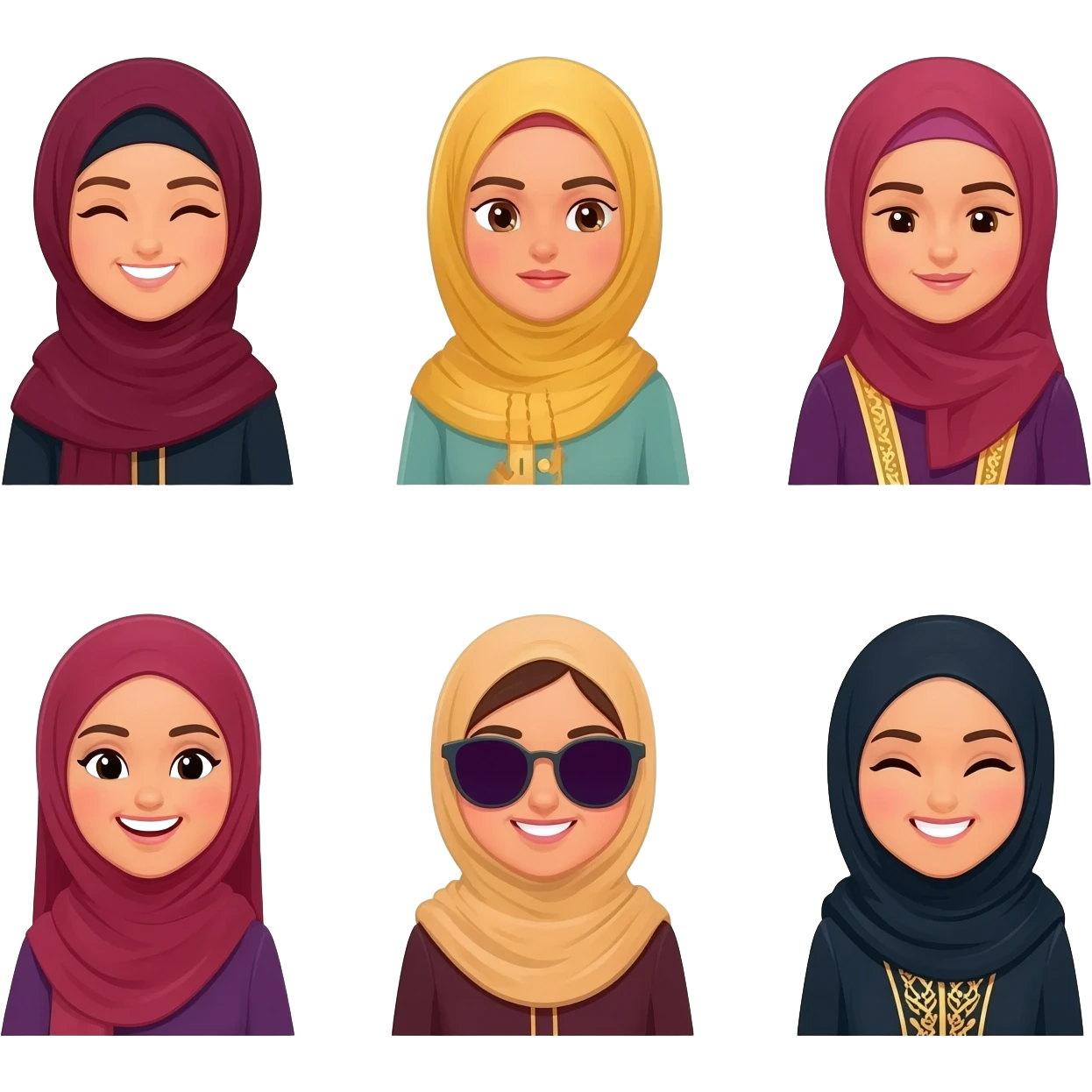 smiling face, cute face, luxury face & loving face, laughing face, beauty face, sunglass face generates 7 different emoji wearing Abhaya with hijab and different looking arabic ladies emoji