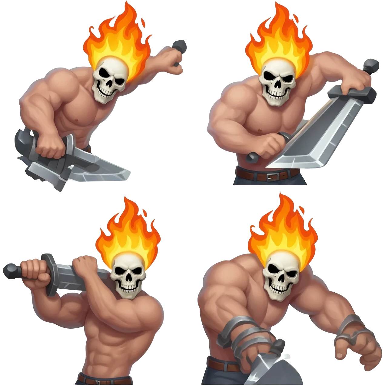 A 4 stage sprite sheet of a man with a burning skull head, show the 4 stages of him attacking with his large sword, shirtless emoji
