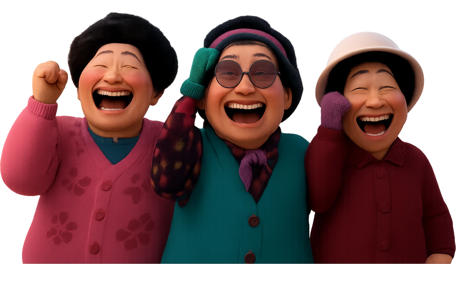 Extract the three characters from the image and place them together on a transparent background, keeping the original style and appearance as shown in the reference image. emoji