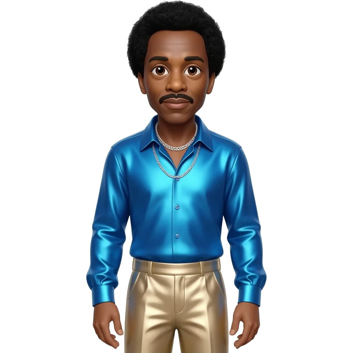 Richard Pryor with dark brown eyes, black hair, periwinkle blue metallic shirt, beige metallic baggy pants, silver necklace emoji